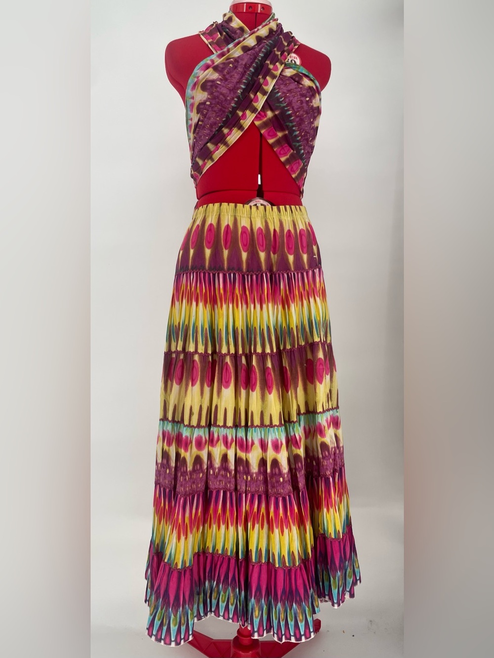 2pcs Barbara Gerwit Vibrant Tie Dye Colorful Tiered Maxi Skirt & Matching Scarf